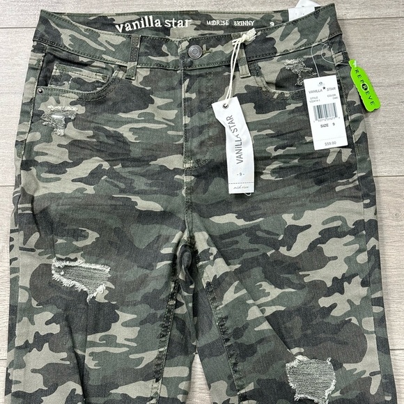 Junior’s Vanilla Star 9 Medium Green Olive Camo Jeans Pants Stretch Torn Ripped - Picture 6 of 11